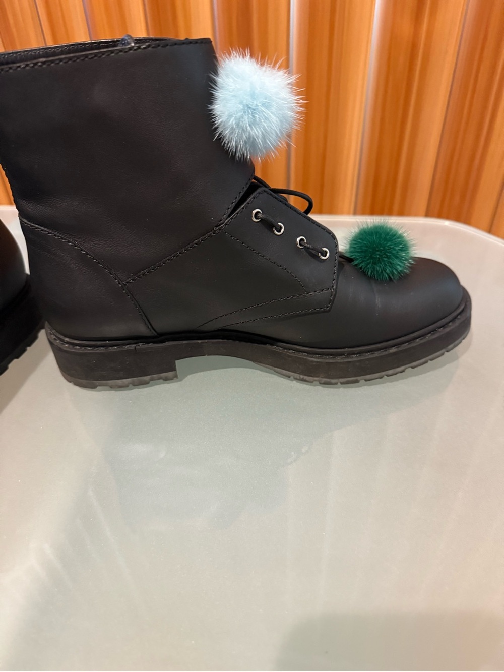 Fendi Black Leather Combat Boots with Blue, Peach and Green Pom-Poms - Picture 2 of 7